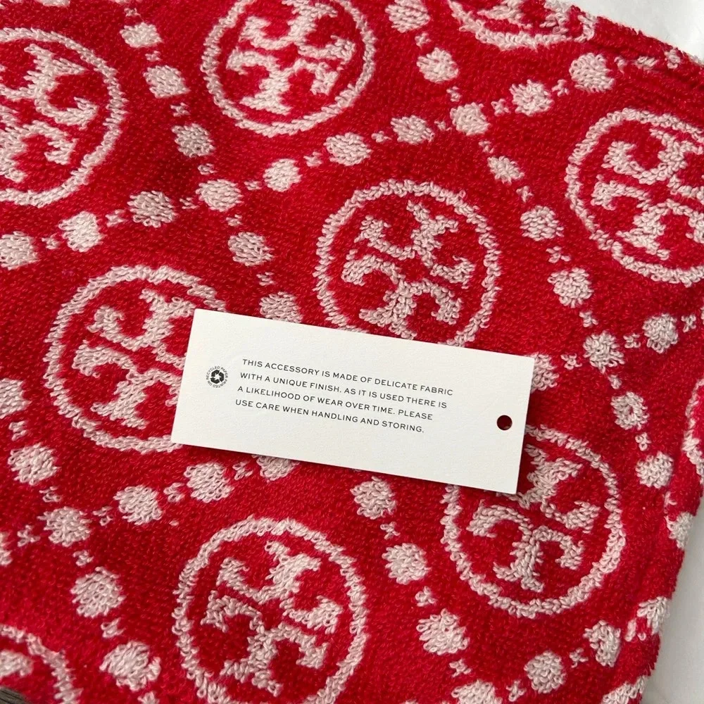 Tory Burch T Monogram Terry Pouch Wristlet Strawberry Red White Gold